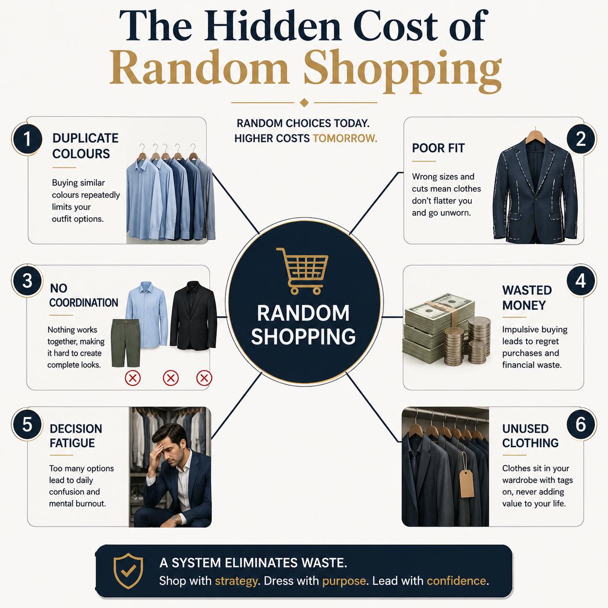 The hidden cost of random shopping — duplicate colours, poor fit, no coordination, wasted money, decision fatigue, unused clothing
