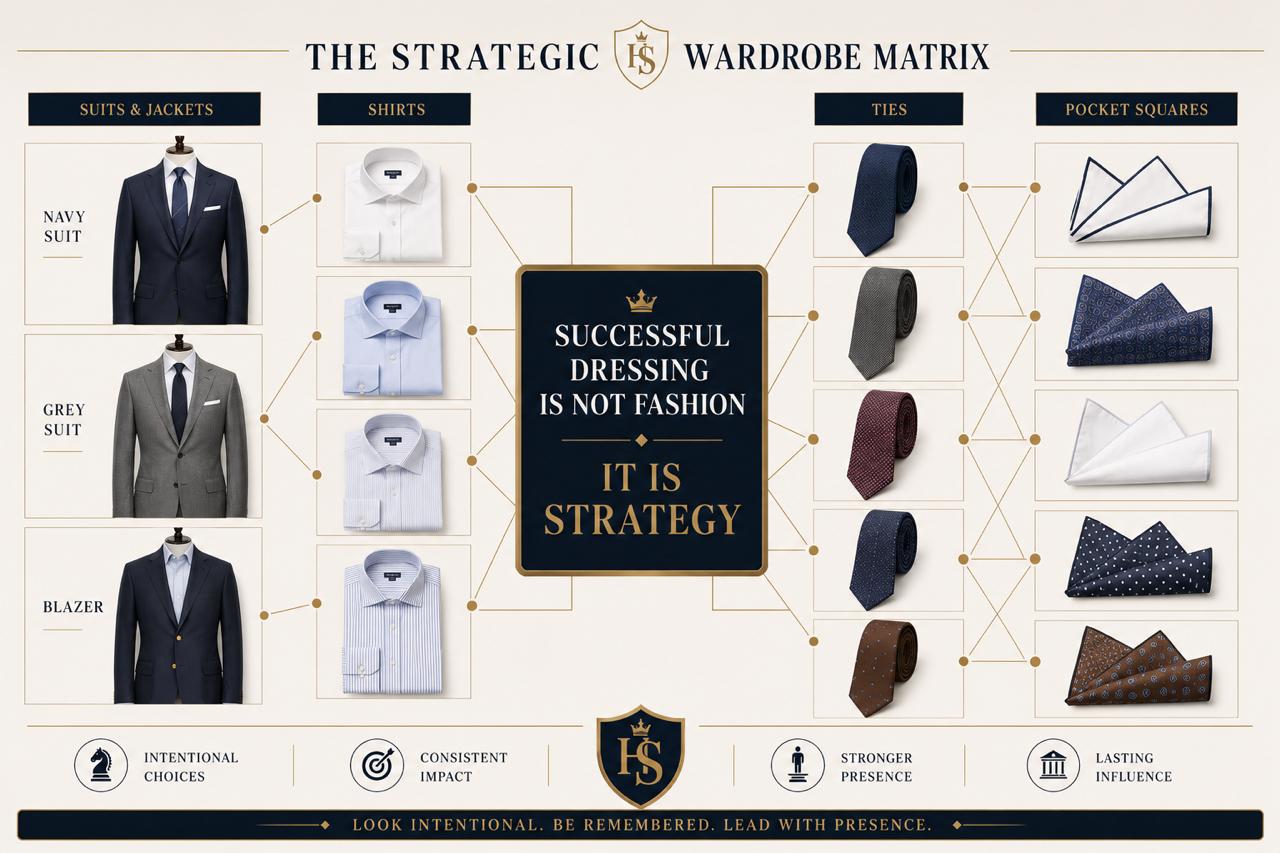 The Strategic Wardrobe Matrix — suits, shirts, ties, pocket squares working as a system